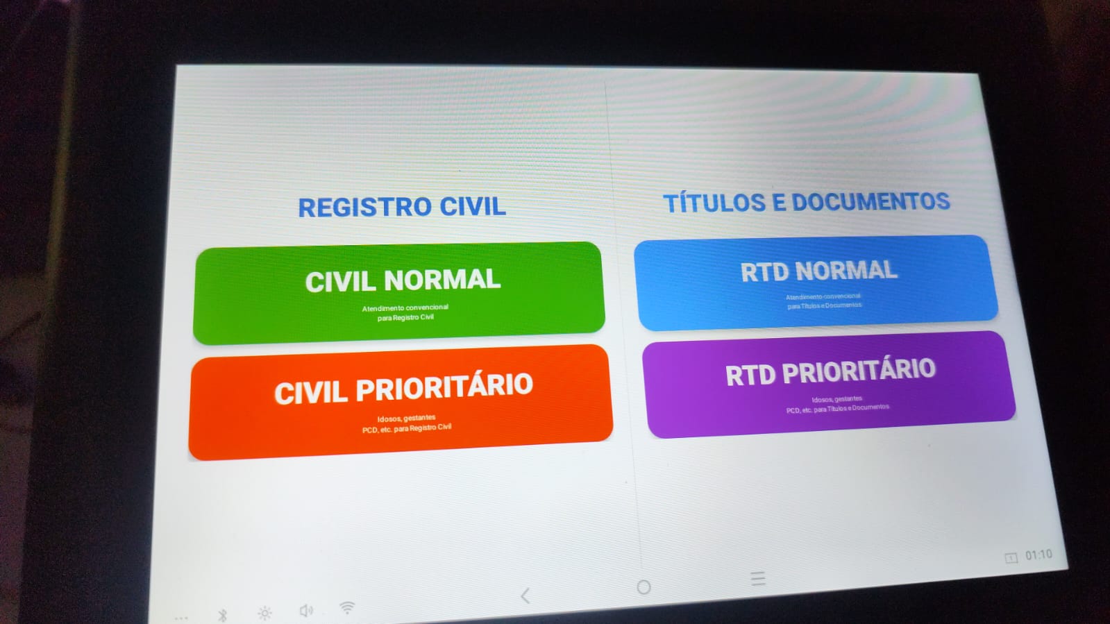 PDV touchscreen do TimeTask — tela de retirada de senha