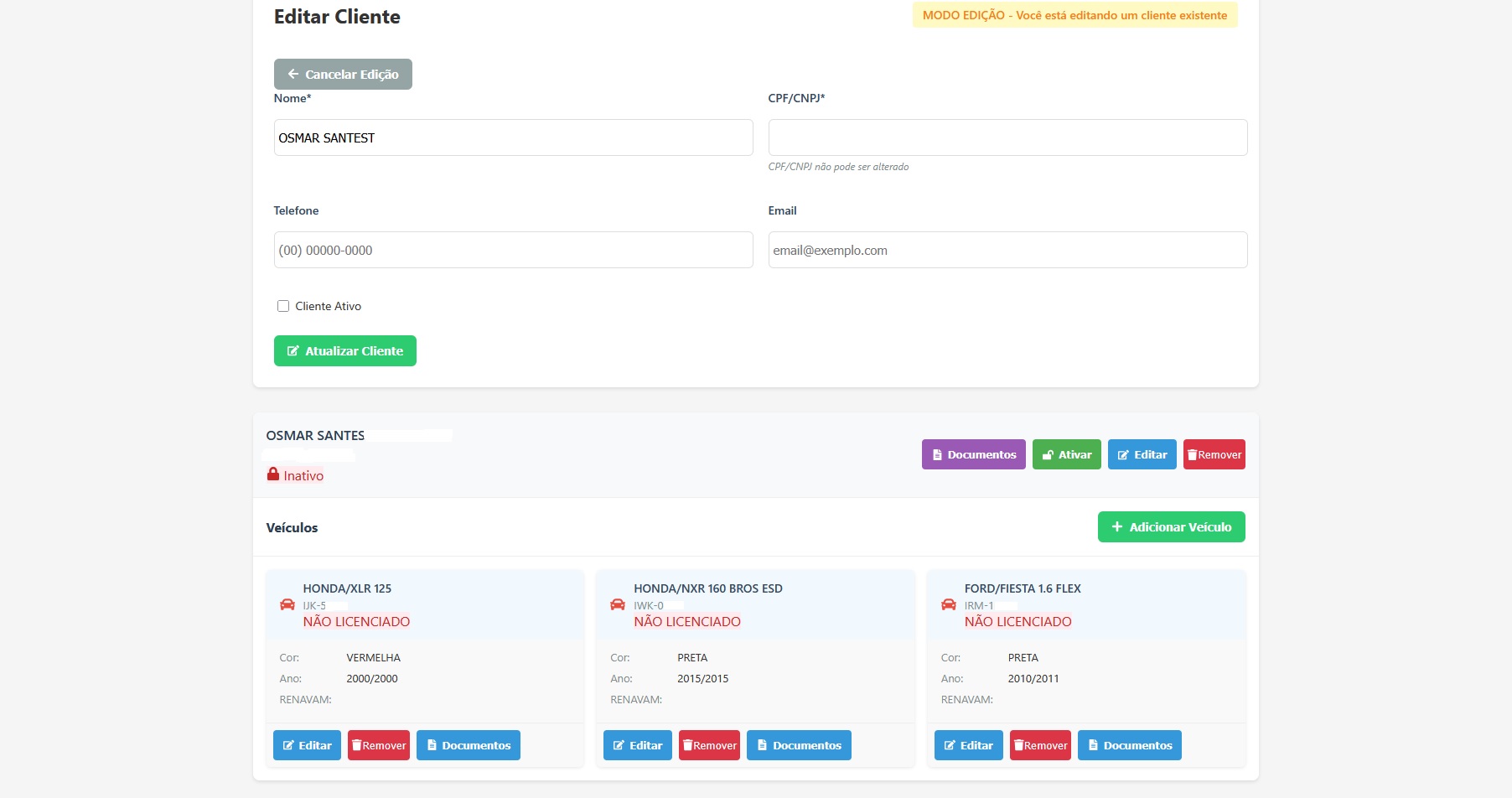 Cadastro de cliente com veículos e documentos
